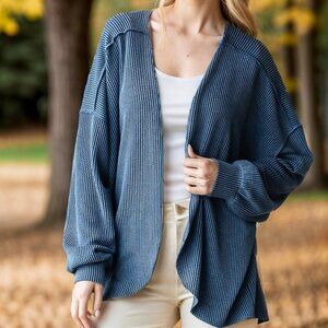 B6  LONG PUFF SLEEVE SOLID URBAN RIBBED OPEN CARDIGAN WITH STITCH AND ROUND HEM